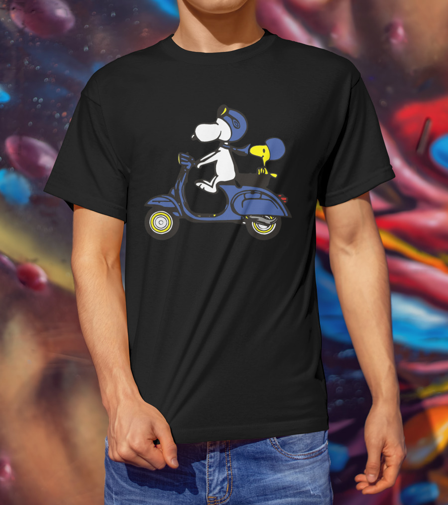 Snoopy And Woodstock Riding Blue Vespa With Helmets T-Shirt