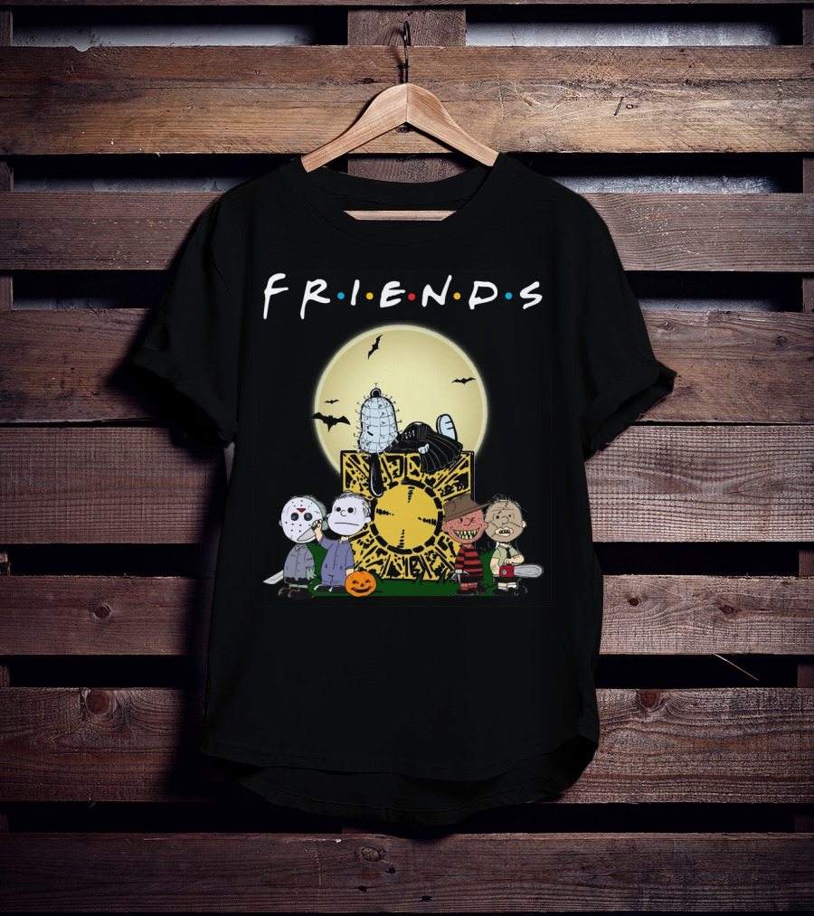 Friends Peanuts Horror Movie Characters Crossover Featuring Iconic Monsters And Symbols T-Shirt