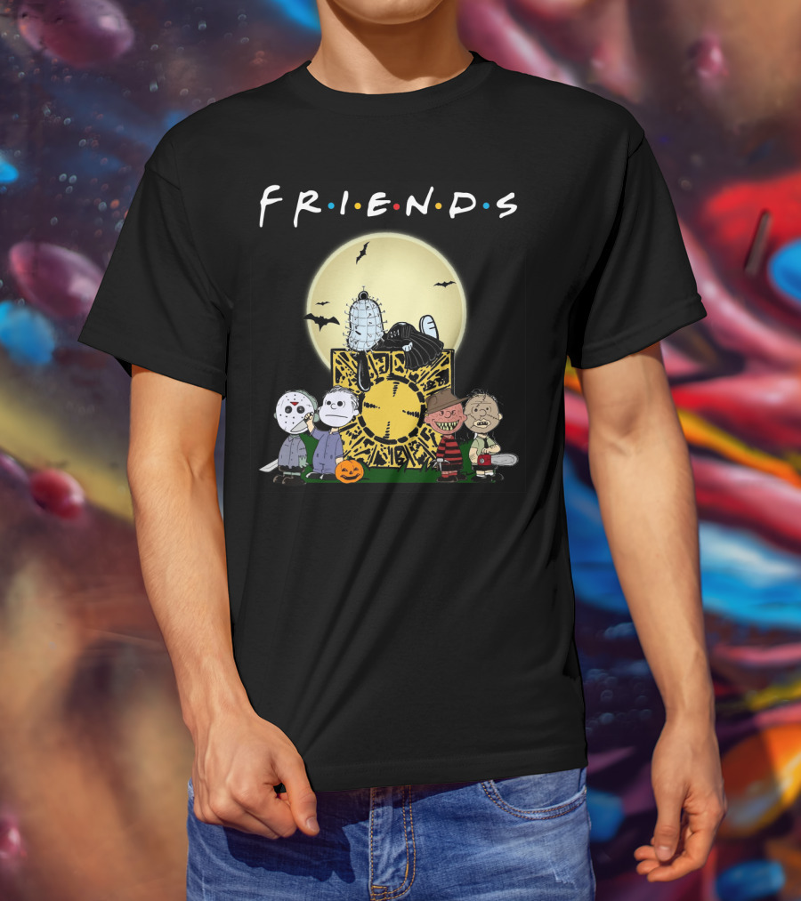 Friends Peanuts Horror Movie Characters Crossover Featuring Iconic Monsters And Symbols T-Shirt