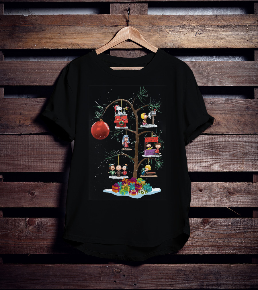Peanuts Christmas Tree With Snoopy Lucy Charlie Brown And Woodstock Ornaments T-Shirt