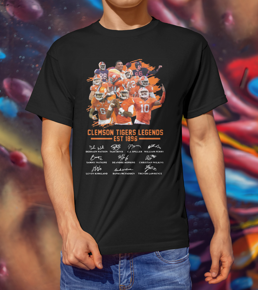Clemson Tigers Legends Est 1896 Deshaun Watson Tajh Boyd C.J. Spiller William Perry Sammy Watkins Deandre Hopkins Christian Wilkins Levon Kirkland Banks McFadden Trevor Lawrence T-Shirt