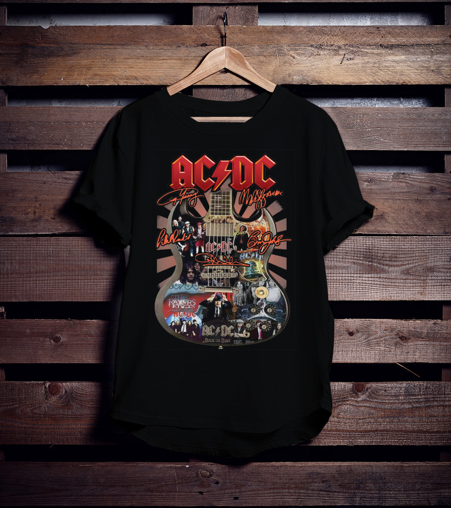 Ac Dc Rock Or Bust Collage Guitar With Autographs And Album Covers T-Shirt