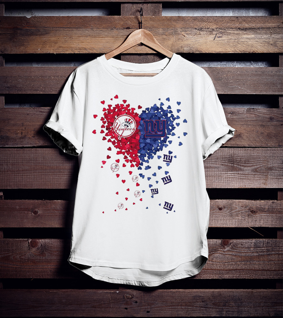 New York Yankees Giants Heart Shaped Logos With Red And Blue Hearts T-Shirt