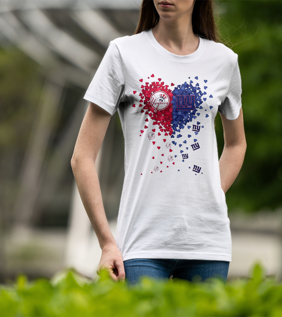 New York Yankees Giants Heart Shaped Logos With Red And Blue Hearts T-Shirt