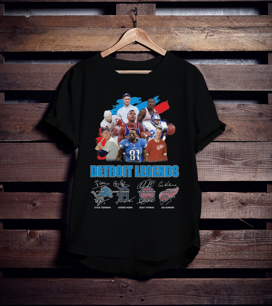 Detroit Legends Ty Cobb Barry Sanders Calvin Johnson Steve Yzerman Gordie Howe Isiah Thomas Al Kaline Joe Dumars T-Shirt