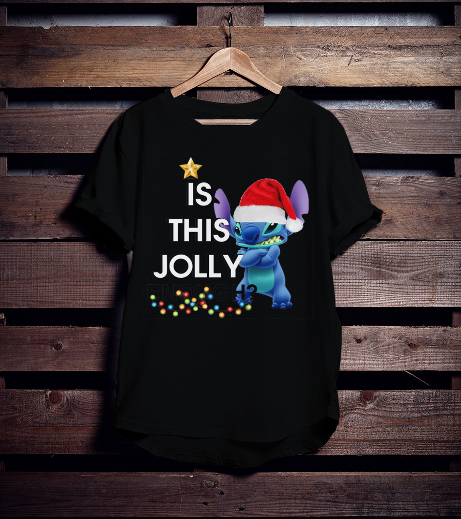 Is This Jolly Enough? Stitch With Santa Hat And Christmas Lights T-Shirt