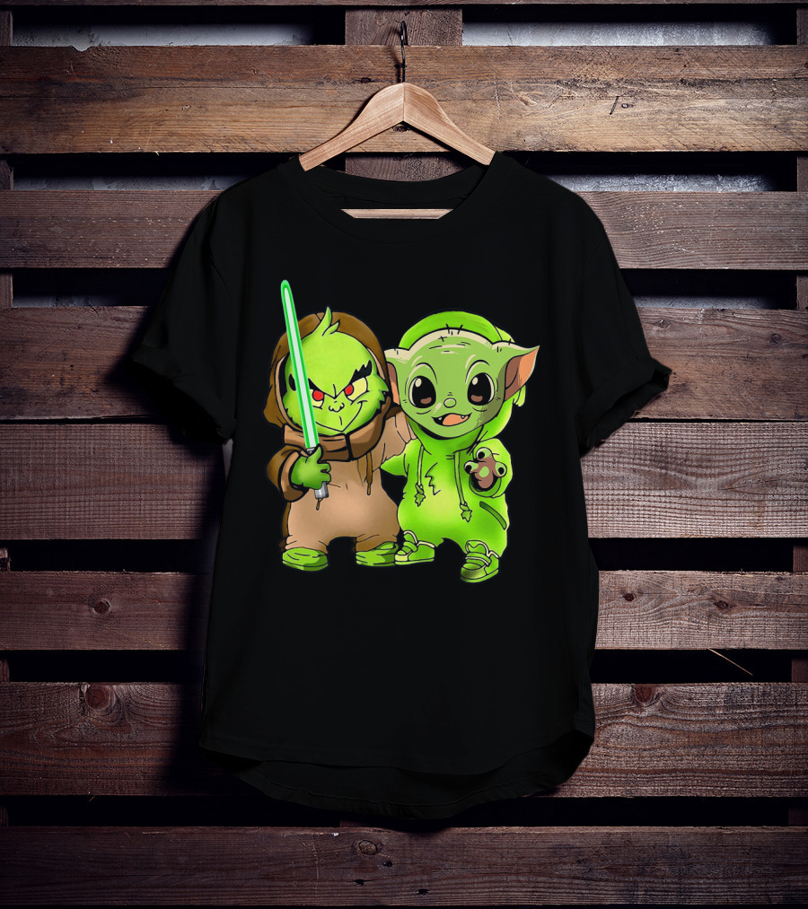 Baby Yoda And Baby Grinch Lightsaber Duo T-Shirt