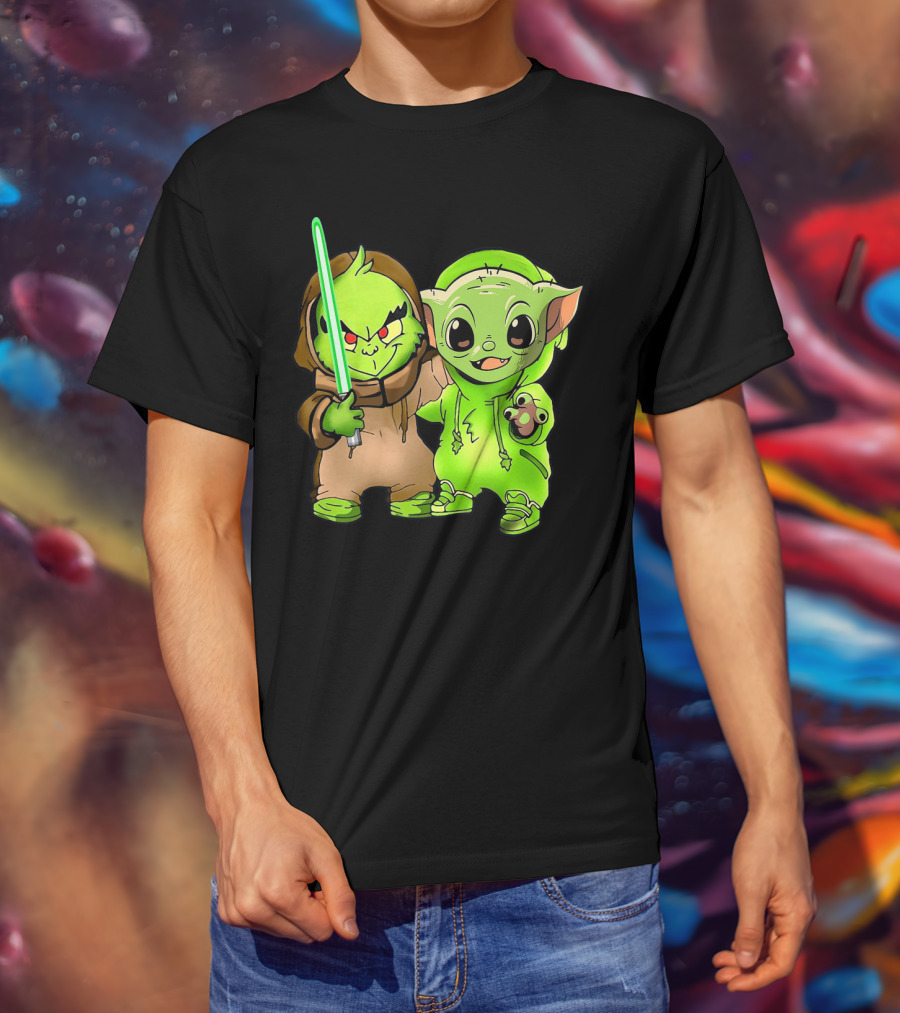 Baby Yoda And Baby Grinch Lightsaber Duo T-Shirt