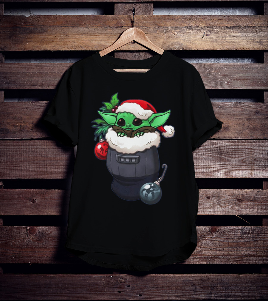 Baby Yoda Christmas Santa Hat Stocking With Ornaments T-Shirt