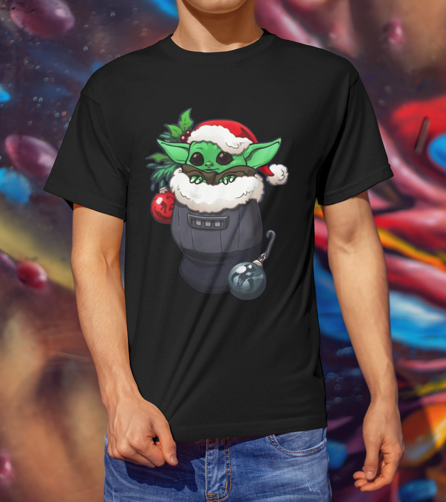 Baby Yoda Christmas Santa Hat Stocking With Ornaments T-Shirt