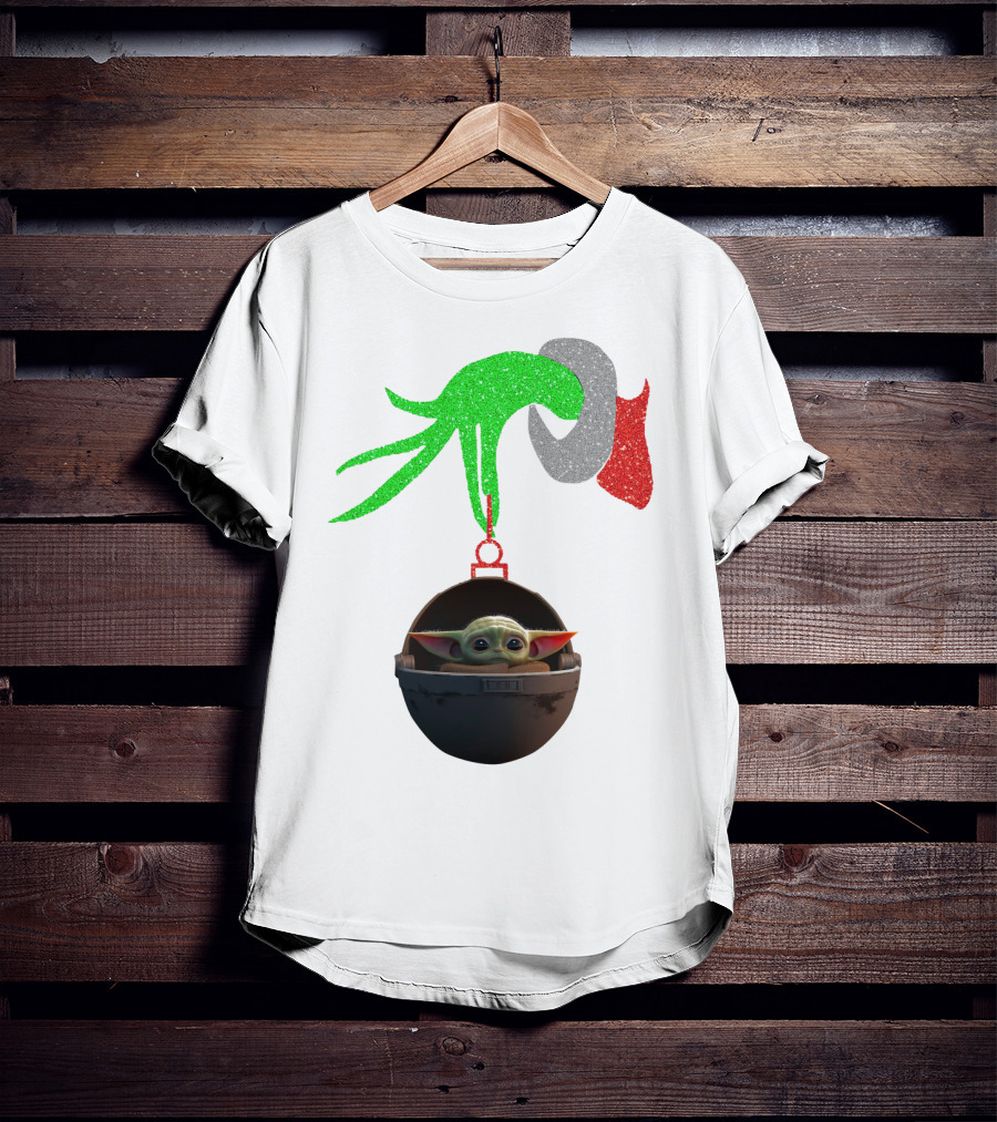 Grinch Hand Glitter Holding Baby Yoda T-Shirt