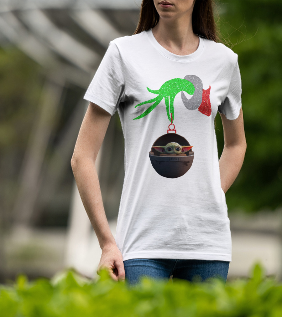 Grinch Hand Glitter Holding Baby Yoda T-Shirt