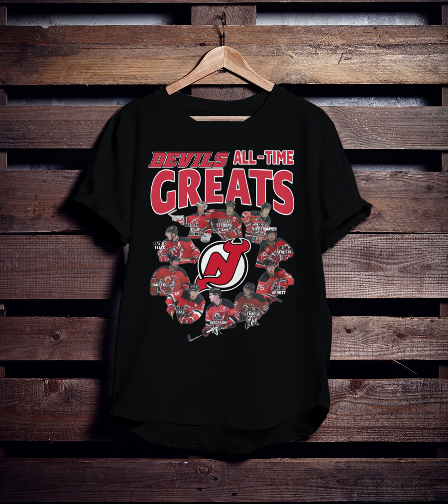 New Jersey Devils All-Time Greats Martin Brodeur Scott Stevens Scott Niedermayer Patrik Elias Ken Daneyko Brian Rafalski Taylor Hall John MacLean Claude Lemieux Jason Arnott T-Shirt