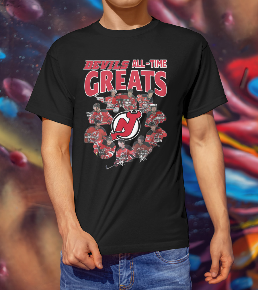 New Jersey Devils All-Time Greats Martin Brodeur Scott Stevens Scott Niedermayer Patrik Elias Ken Daneyko Brian Rafalski Taylor Hall John MacLean Claude Lemieux Jason Arnott T-Shirt