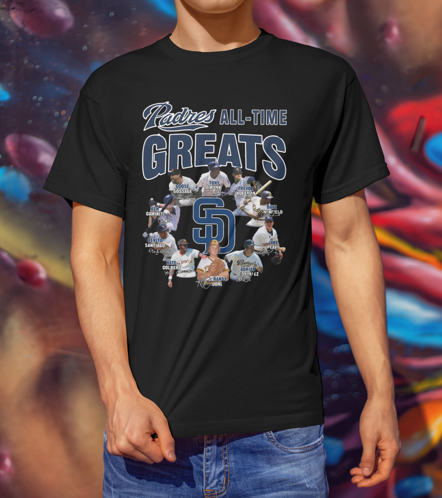 Padres All-Time Greats Goose Gossage Tony Gwynn Trevor Hoffman Dave Winfield Ken Caminiti Benito Santiago Nate Colbert Randy Jones Adrian Gonzalez Jake Peavy T-Shirt