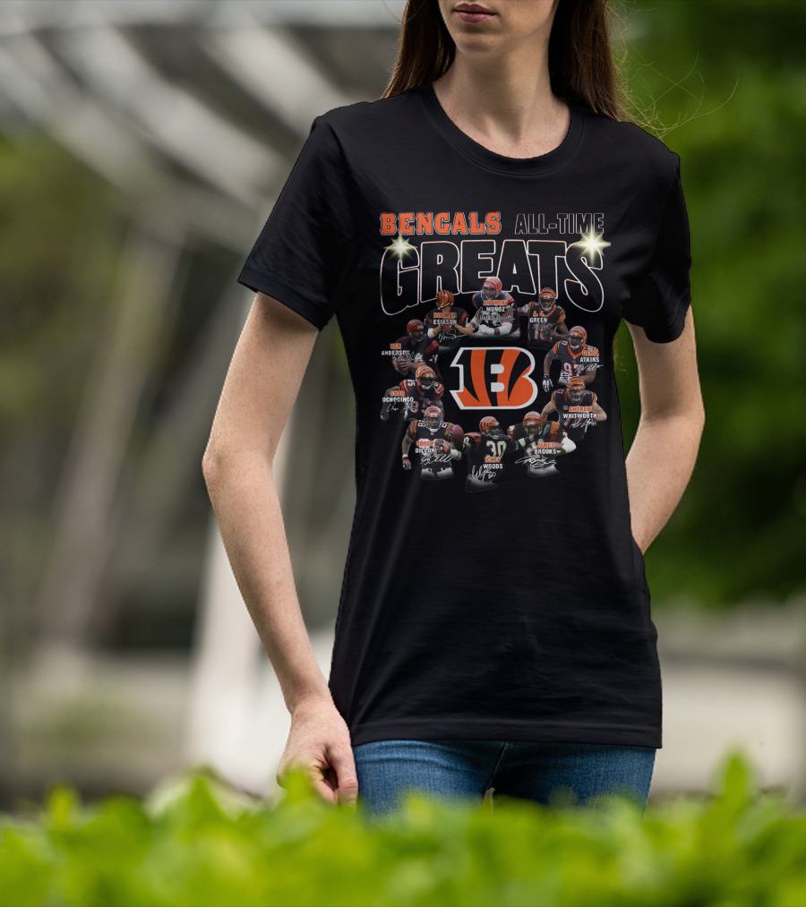 Bengals All-Time Greats Boomer Esiason Anthony Munoz A.j. Green Ken Anderson Chad Ochocinco Geno Atkins Corey Dillon Andrew Whitworth Ickey Woods James Brooks T-Shirt
