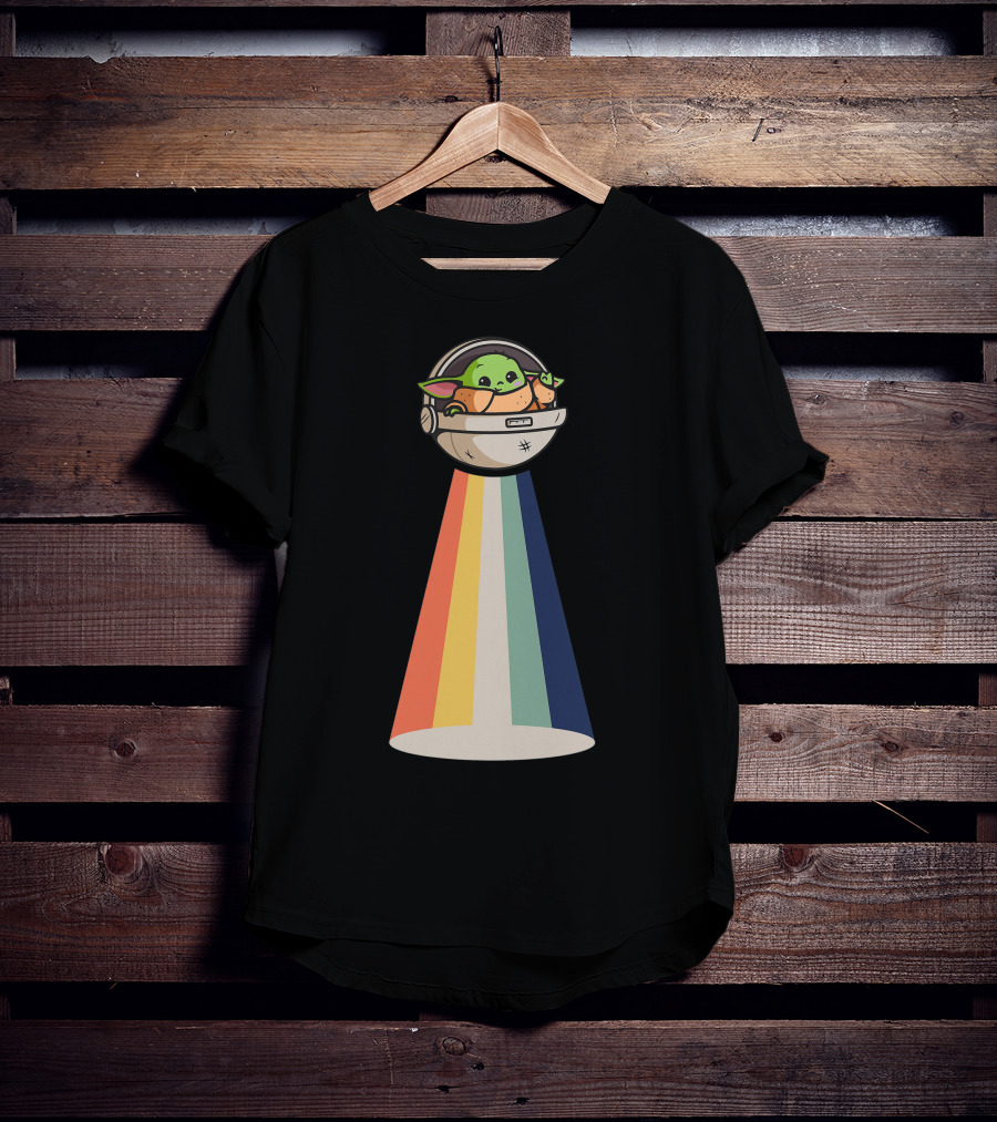 Baby Yoda Spaceship Rainbow Glow T-Shirt