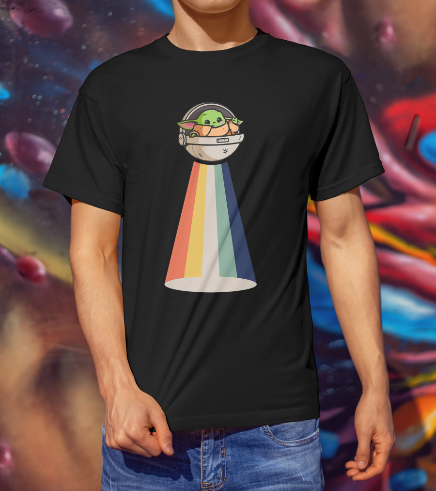 Baby Yoda Spaceship Rainbow Glow T-Shirt