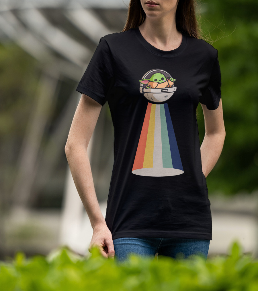Baby Yoda Spaceship Rainbow Glow T-Shirt
