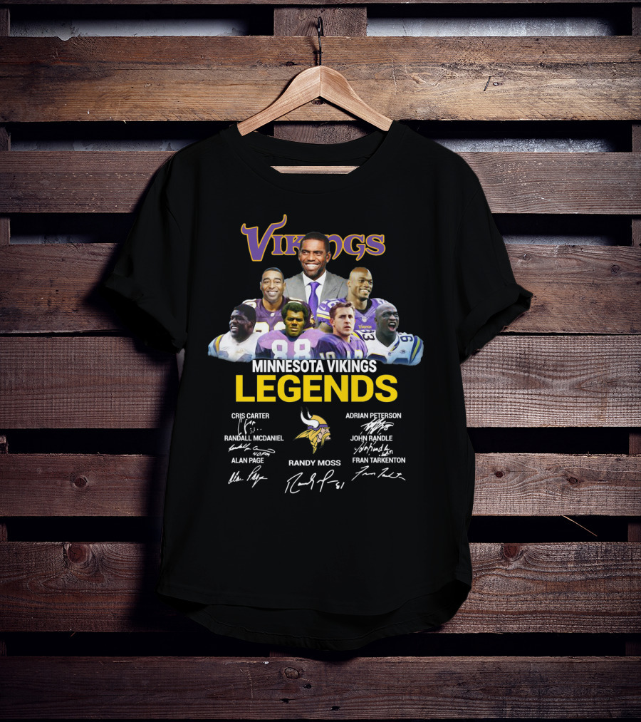 Minnesota Vikings Legends Cris Carter Randy Moss Adrian Peterson John Randle Randall McDaniel Alan Page Fran Tarkenton T-Shirt