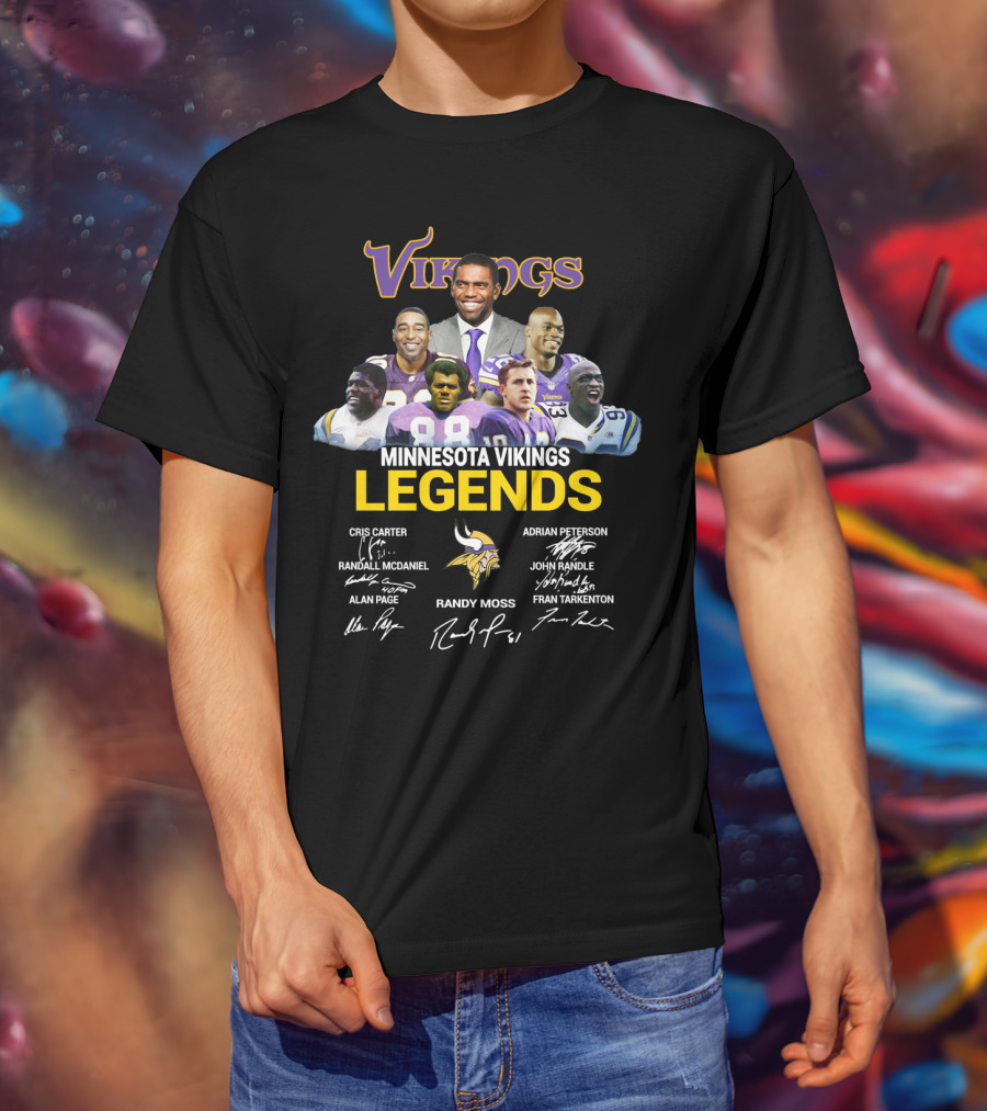 Minnesota Vikings Legends Cris Carter Randy Moss Adrian Peterson John Randle Randall McDaniel Alan Page Fran Tarkenton T-Shirt