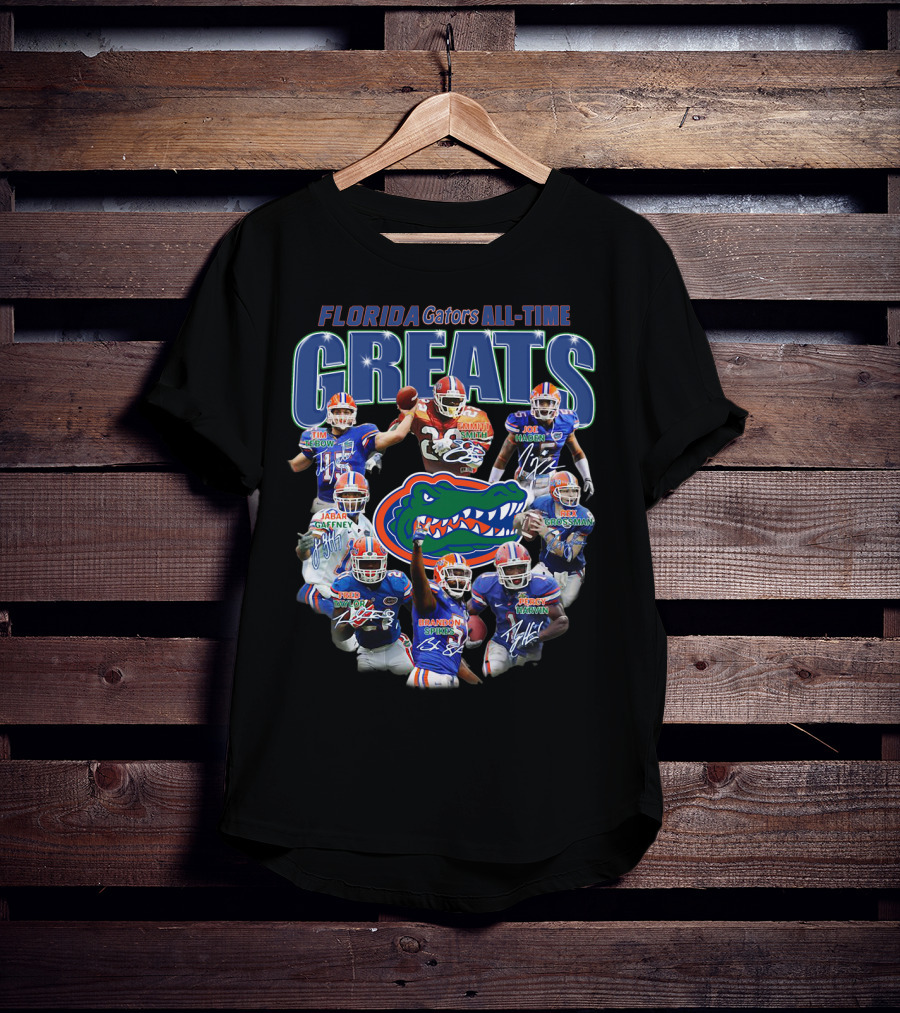 Florida Gators Legendary Greats Tim Tebow Kewan Alumbaugh Joe Haden Jabar Gaffney Braden Spurrier Percy Harvin NFL Signatures T-Shirt