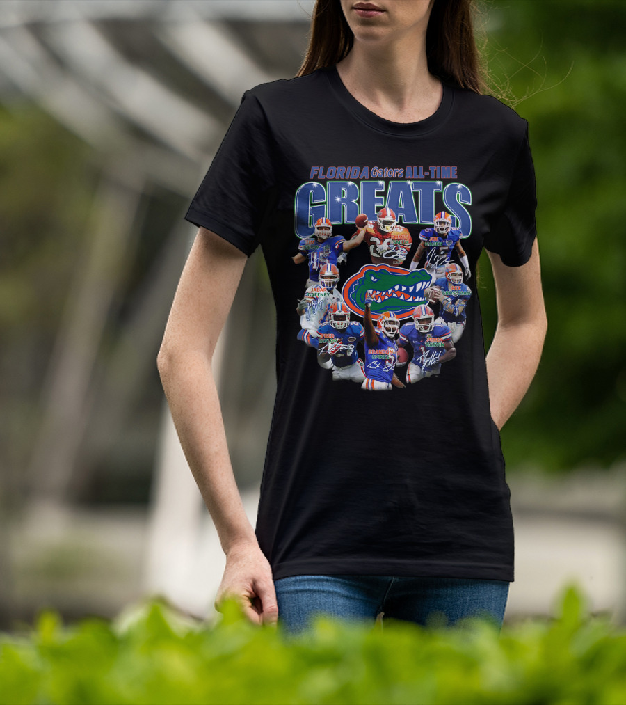 Florida Gators Legendary Greats Tim Tebow Kewan Alumbaugh Joe Haden Jabar Gaffney Braden Spurrier Percy Harvin NFL Signatures T-Shirt