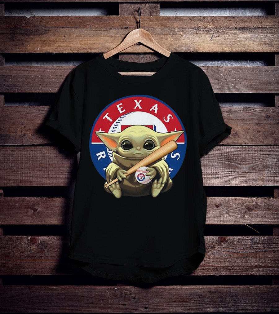 Baby Yoda Texas Rangers Baseball Fan With Bat And Ball T-Shirt