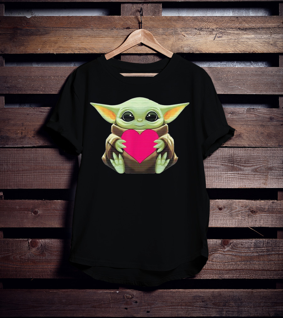 Valentine's Day Baby Y.O.D.A Heart With Cute Green Character Holding Pink Heart T-Shirt