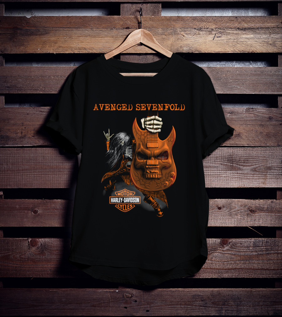 Avenged Sevenfold Harley Davidson Skeleton Guitar Imagery With Hand Sign T-Shirt