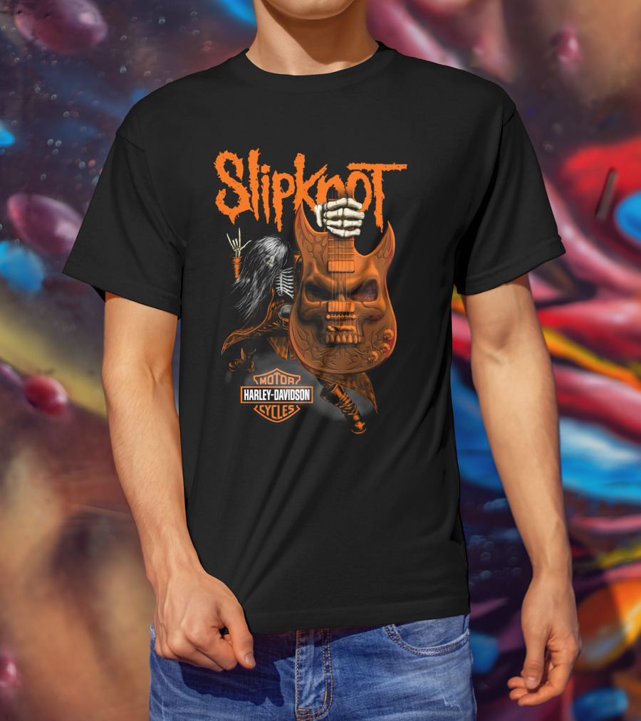 Slipknot Harley Davidson Motor Cycles Skull Guitar Skeleton Rock T-Shirt