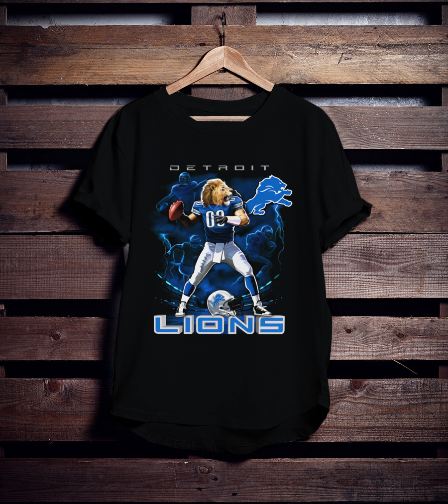 Detroit Lions Lion-Headed Quarterback Action Fantasy Scene T-Shirt