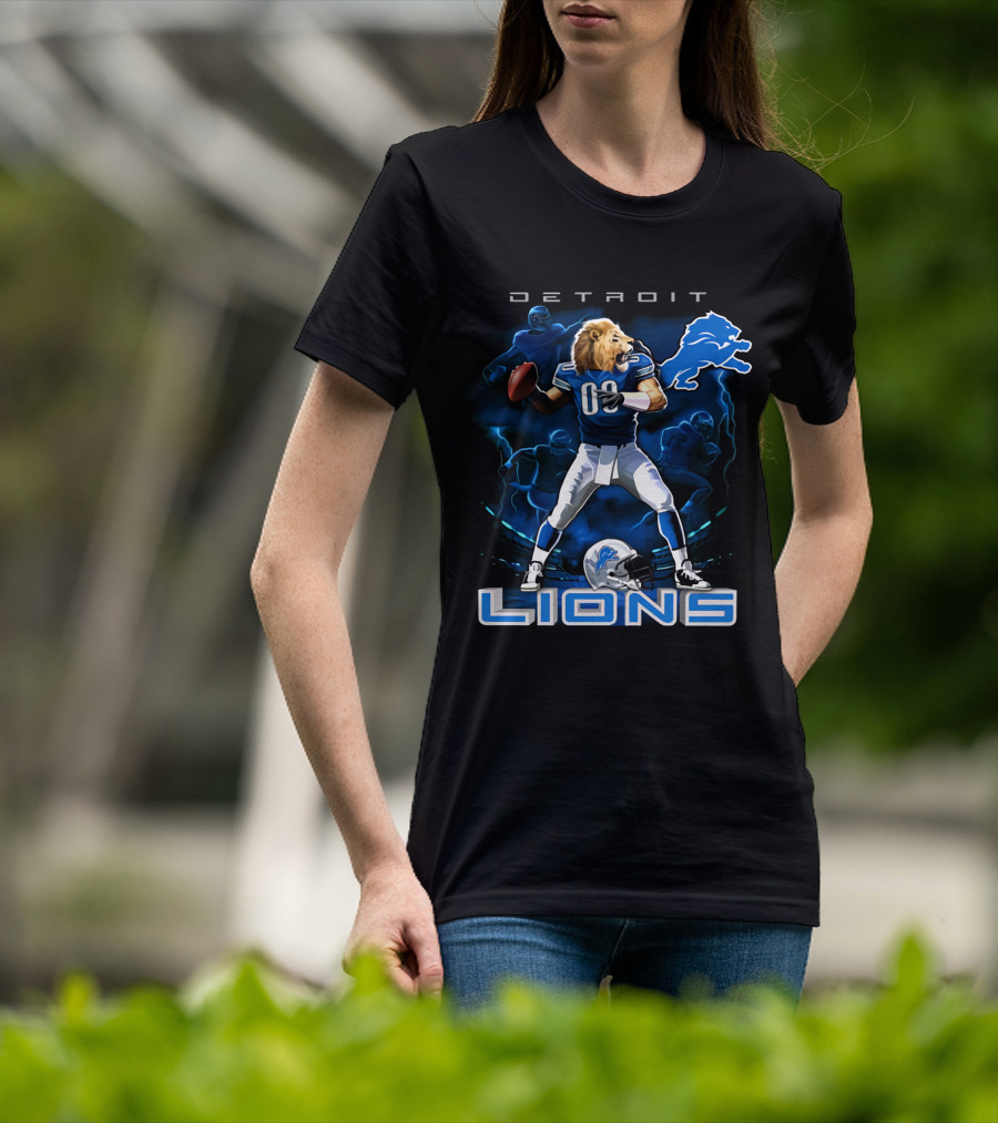 Detroit Lions Lion-Headed Quarterback Action Fantasy Scene T-Shirt