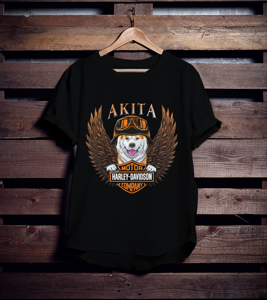 Akita Harley Davidson Motor Company Winged Dog Helmet T-Shirt