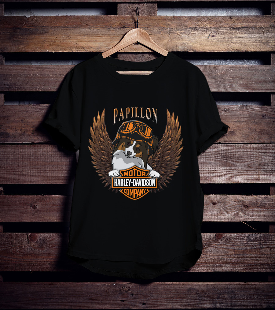 Papillon Harley Davidson Motor Company Wings Dog With Goggles T-Shirt