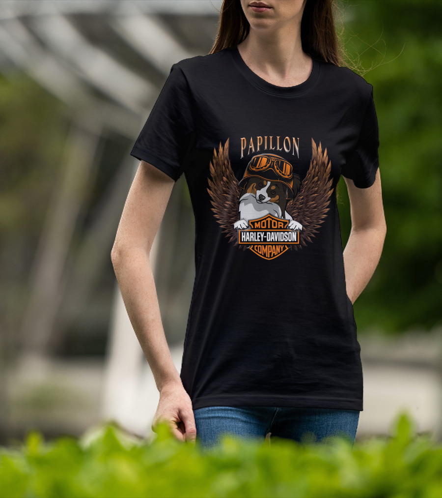 Papillon Harley Davidson Motor Company Wings Dog With Goggles T-Shirt