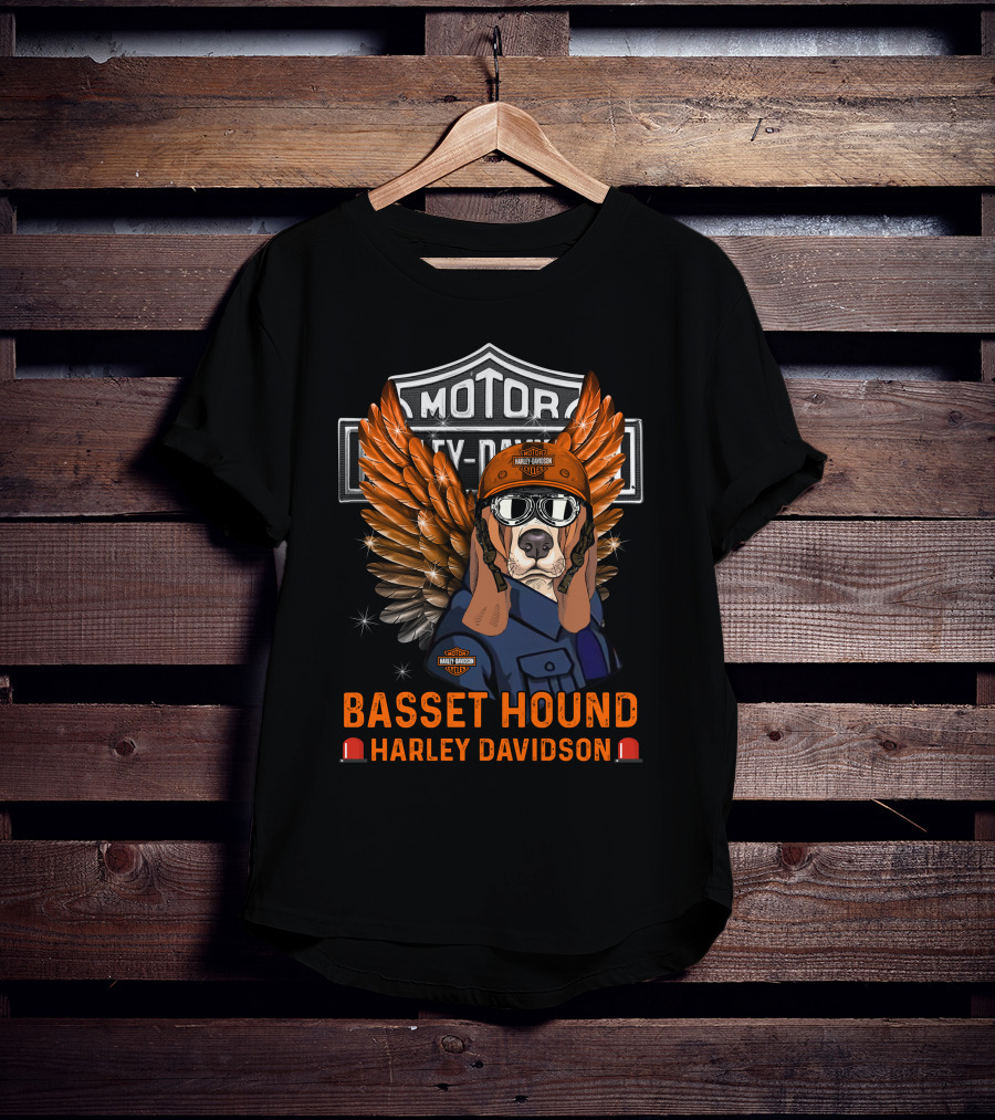 Basset Hound Harley Davidson Motorcycles Winged Helmet Riding Theme T-Shirt