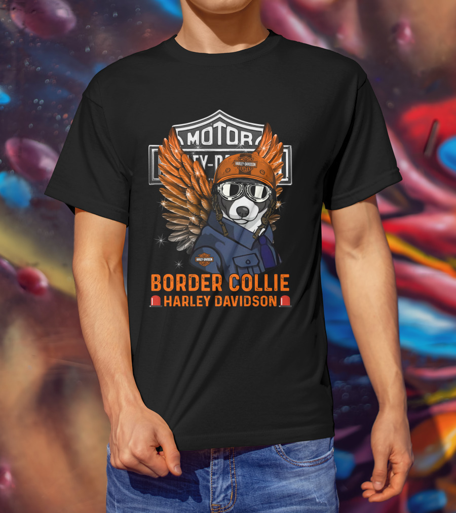 Border Collie Harley Davidson Motorcycles Wings And Helmet T-Shirt
