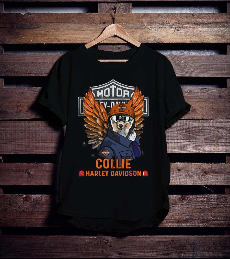 Collie Harley Davidson Wings Motocycle Motor Hd Orange Helmet Dog T-Shirt