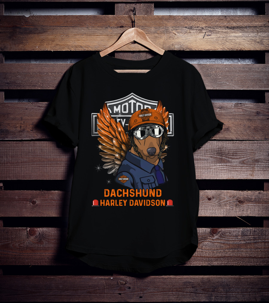 Dachshund Harley Davidson Motor City Dog Wings Helmet T-Shirt