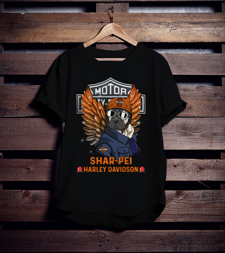 Shar-Pei Harley Davidson Motor Style With Wings And Helmet T-Shirt