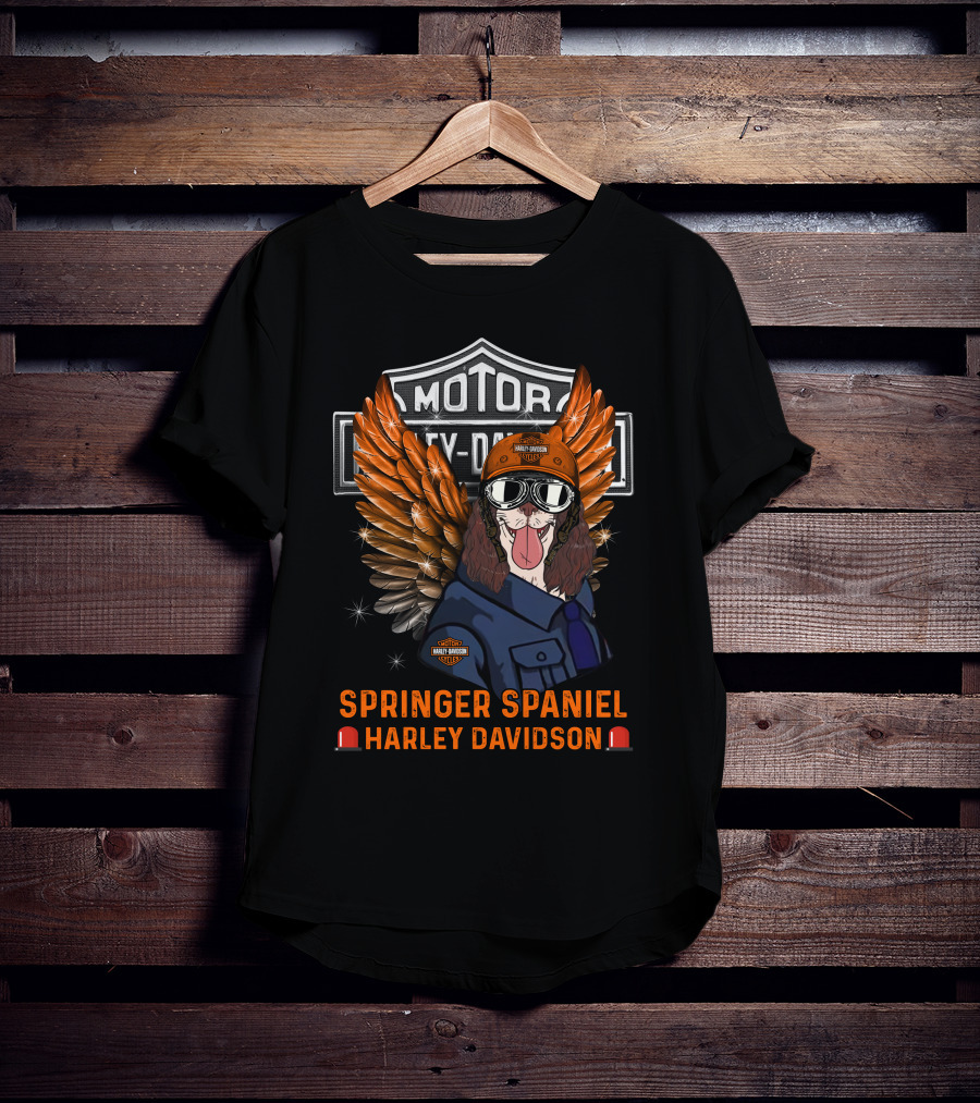 Springer Spaniel Harley Davidson Motor Safety Dog Wings Helmet Glasses T-Shirt