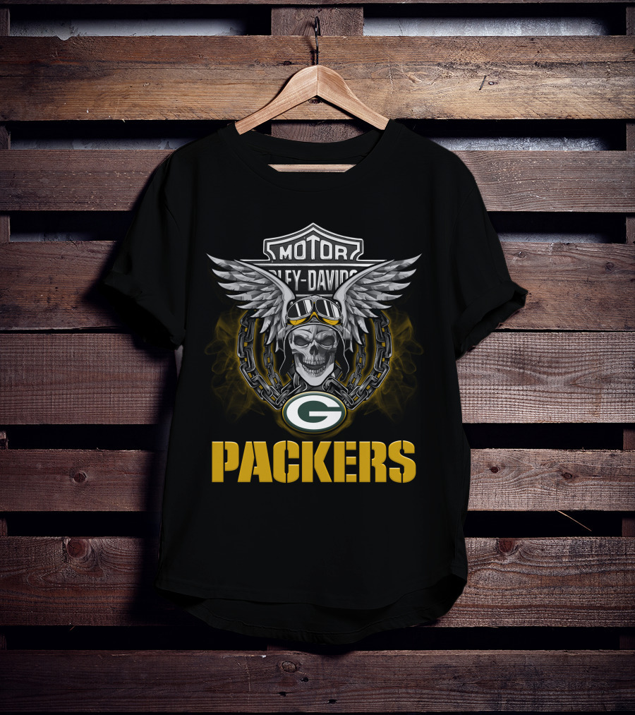Motor Harley Davidson Green Bay Packers Wings Skull Nfl Football Fans T-Shirt