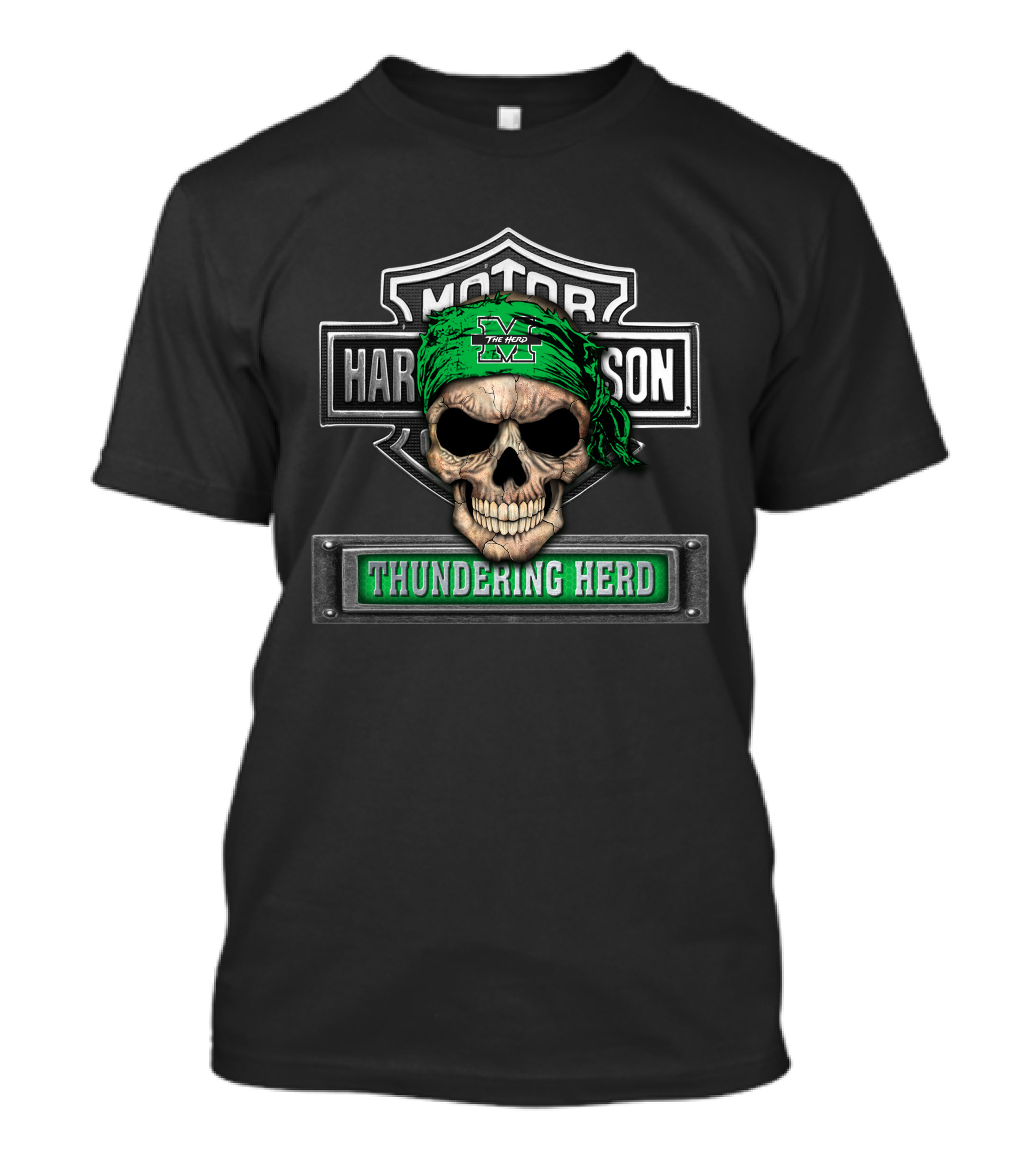 Marshall Thundering Herd Skull Harley Davidson Style Banner T-Shirt