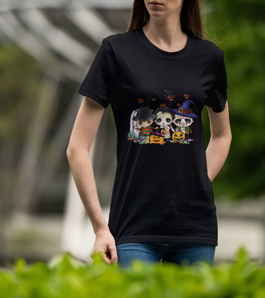 Halloween Horror Icons Trio With Jack-O'-Lanterns And Candy T-Shirt