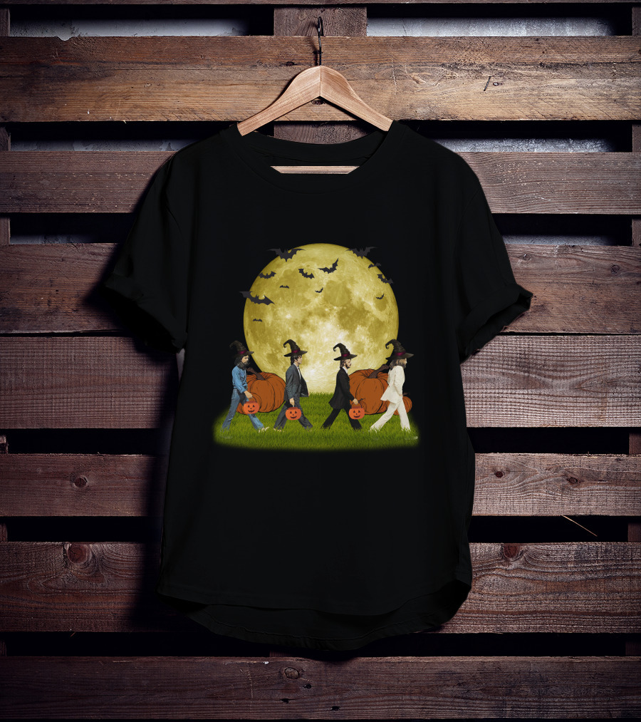Abbey Road Halloween Crossing With Pumpkins And Witches Under Full Moon T-Shirt