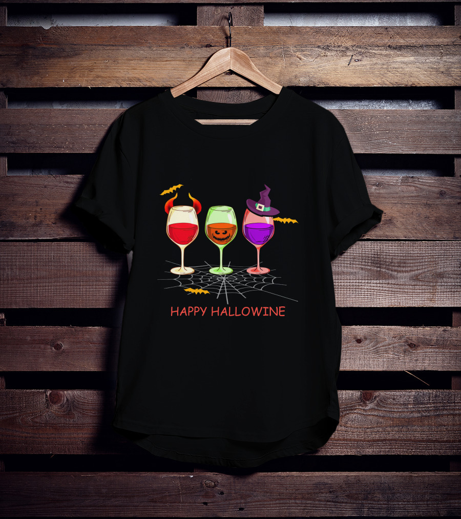 Happy Hallowine Wine Glasses Halloween Witch Hat Jack O'Lantern T-Shirt