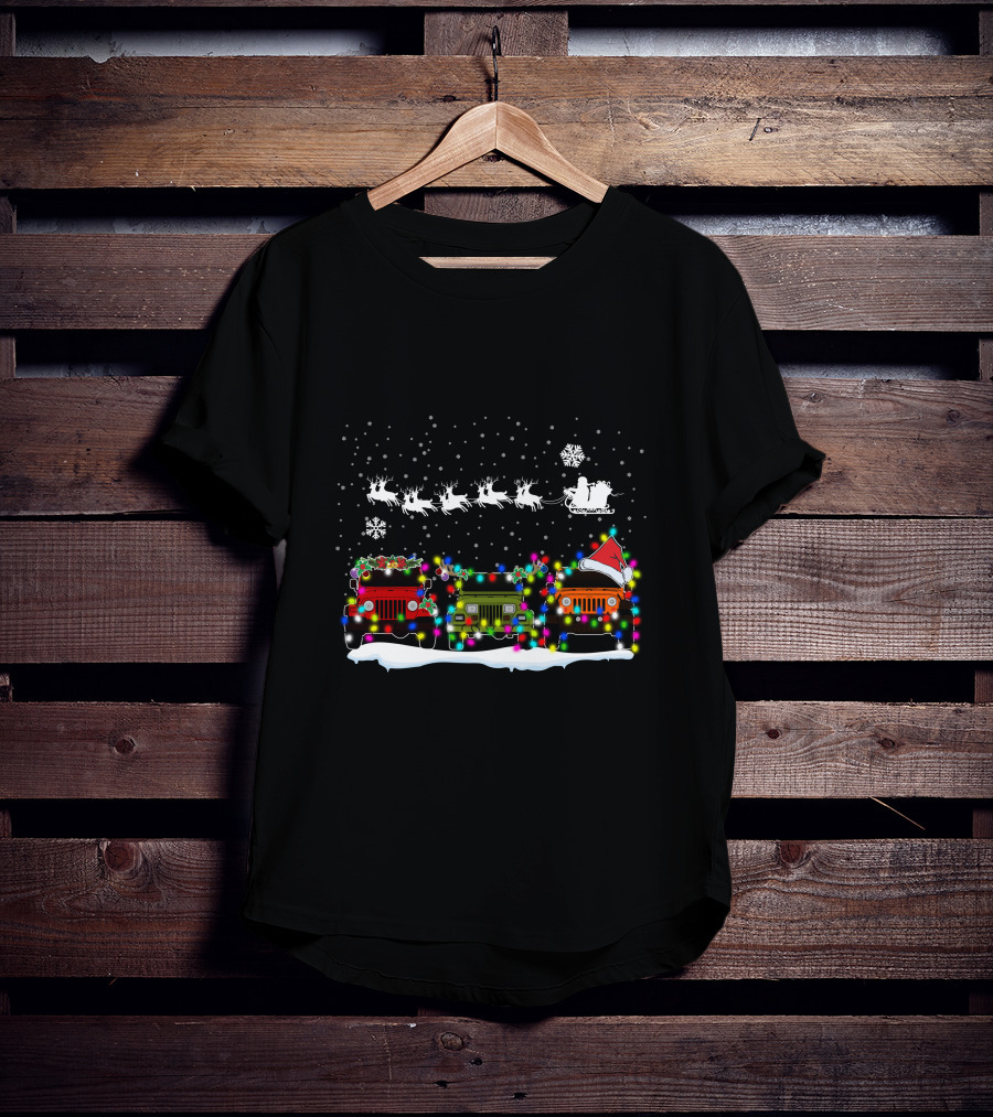 Christmas Jeep Lights With Santa Sleigh And Snowflakes T-Shirt