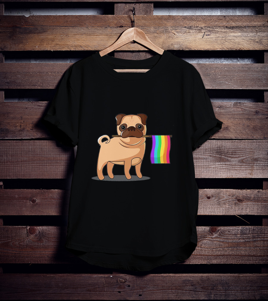 Pug Holding Rainbow Pride Flag T-Shirt