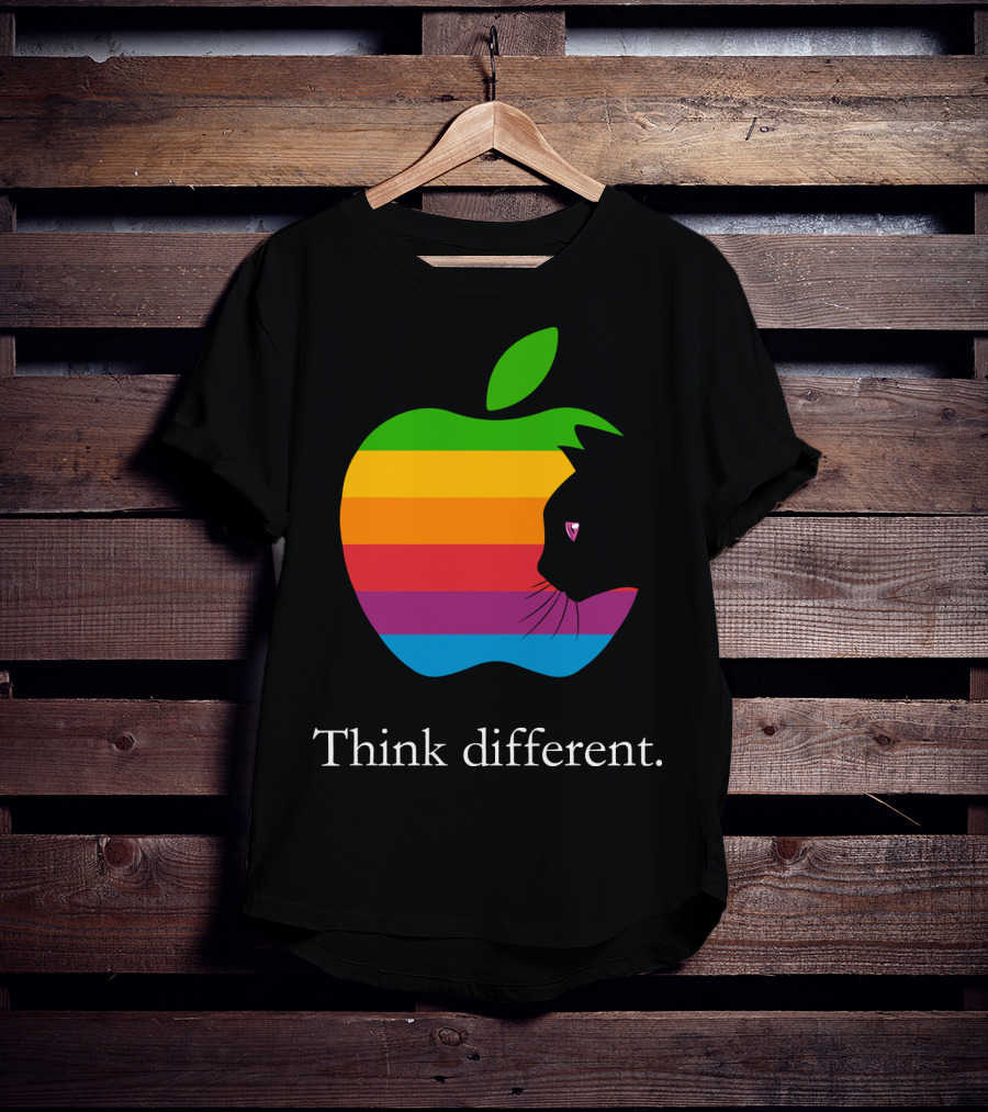 Think Different Apple Logo Rainbow Cat Face T-Shirt